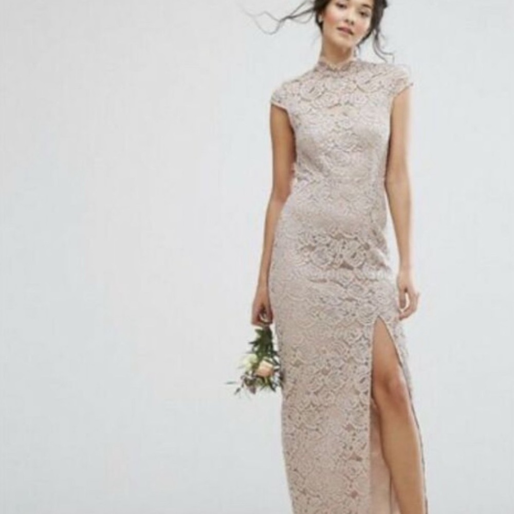 NEW TFNC Beige High Neck Lace Dress with Cap Sleeve Size 16